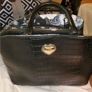 Black Crocodile-Embossed Handbag with Heart Detail